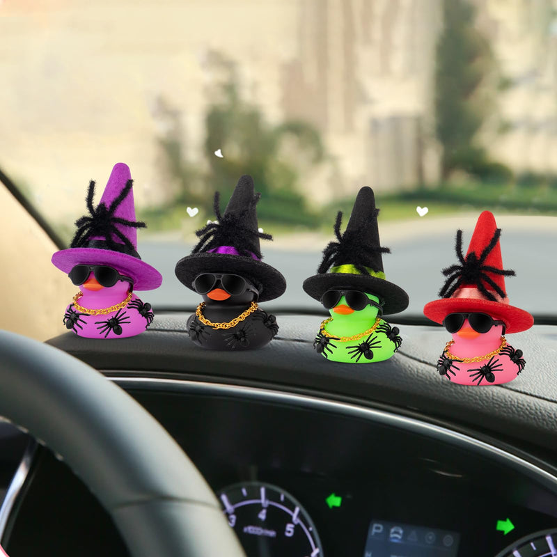 wonuu Car Dashboard Decorations Spiders Witch Rubber Ducks for Halloween, Duck for Office Desk Ornament Accessories with Hat, Glasses, Chain, Plush and Plastic Spider, Green