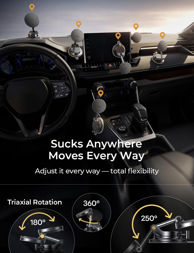 LISEN for Qi2.2 25W MagSafe Car Mount Charger,Magnetic Wireless Car Charger | [With 54W Adapter] Vacuum Suction Car Phone Mount, 360° Magnetic Wireless Phone Holders for Your Car, Only for iPhone 17-12 Black