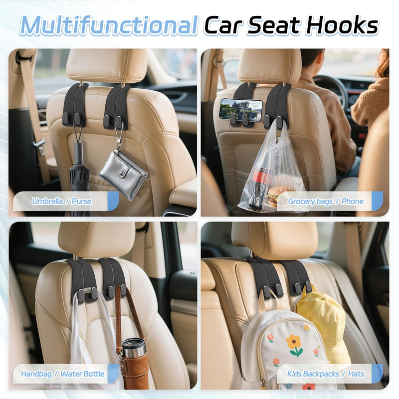 Car Seat Headrest Hooks - 2 Pack Universal Car Purse Hook, Leather Car Bag Purse Holder with Double Metal Hooks for Handbags, Grocery Bags, Bottles, Phones Black