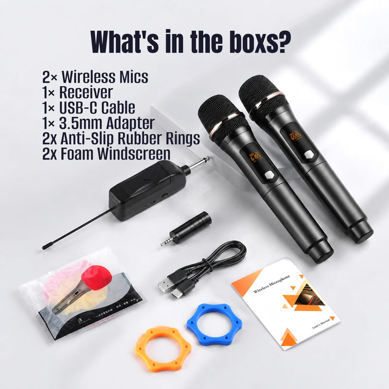 Wireless Karaoke Microphone, Dual Handheld Microphone Wireless Set for Singing, 2.4G 492Ft Range, USB-C Rechargeable, LED Display, 6.35mm/3.5mm Receiver for Karaoke Machine, PA System