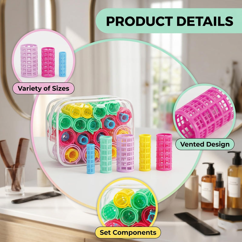 30PCS Plastic Hair Curlers, Self-Grip Roller Set, 5 Assorted Sizes for Volume, No Heat Damage Styling, Wet Hair Application, Home Beauty Tools
