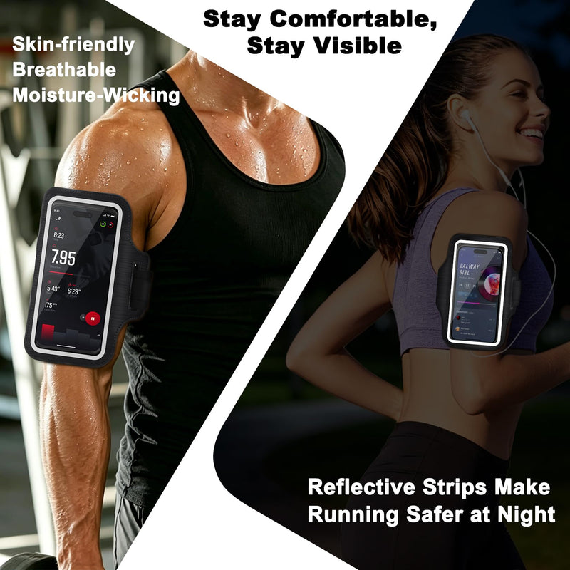 Running Armband Phone Holder with Card Slot for Gym Workout 2 Pack | Fit iPhone 11-17 Pro Max Galaxy S20-S26 Plus/Ultra, Water Resistant, Touch Screen, Reflective Strips, Anti-slip Silicone Dots Black