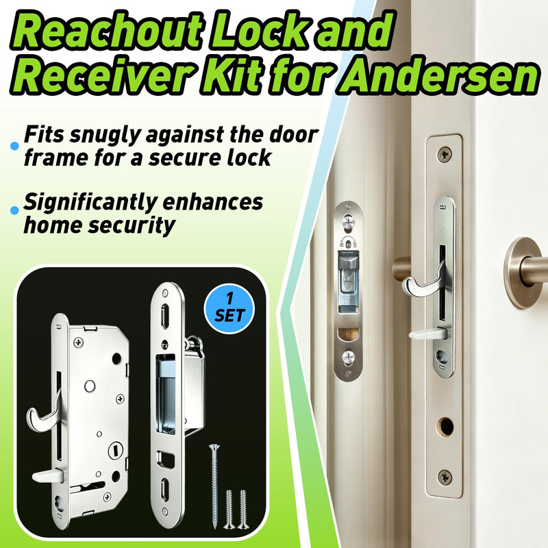 Reachout Lock and Receiver Kit Compatible with Andersen Door Models from 1986 to Present, Gliding Patio Door Mortise Lock & Keeper Replace 2573558, 2573562, 2565507, 2565509 (2 Panel + 3 Screws)