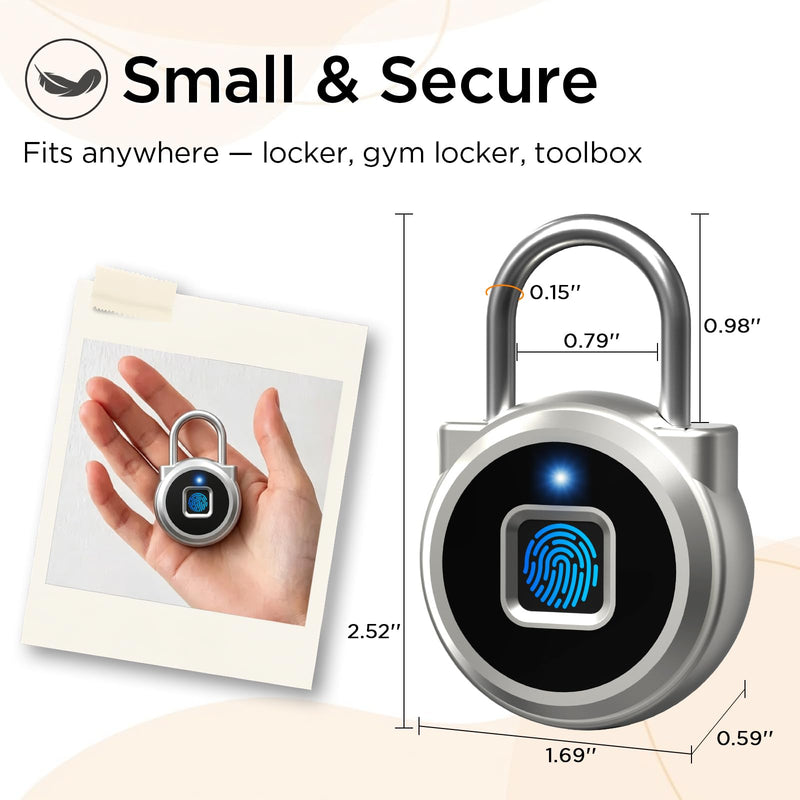Fingerprint Lock, Dhiedas Gym Lock, Bluetooth Lock, Small Fingerprint Padlock with Keyless, Weatherproof Smart Lock for Gym Locker School Suitcase Cabinet Luggage Storage and Fence Silver 1'' shackle
