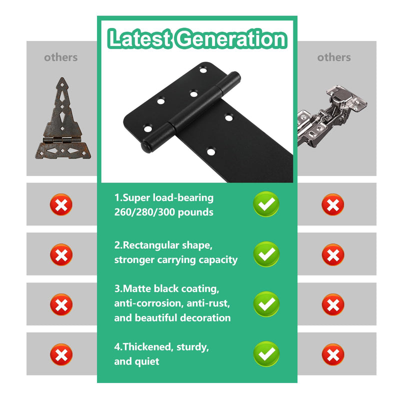 6 inch Gate Hinges,280 Lbs Capacity, Matte Black Hinges,4 Pack Heavy Duty Door Hinge, T-Strap Shed Gate Hinges, Wrought Hardware for Wooden Fences, Barn Door Hinge(6“-6 pcs-Matte Black) 6“-6 pcs-Matte Black