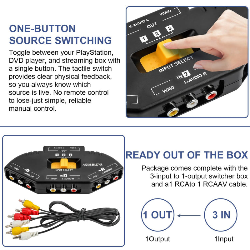 RCA Cable Switcher 3 in 1 Out -Composite AV Video Audio Splliter Compatible with PS1/PS2/PS3, STB Game Consoles, DVD, Projector and More