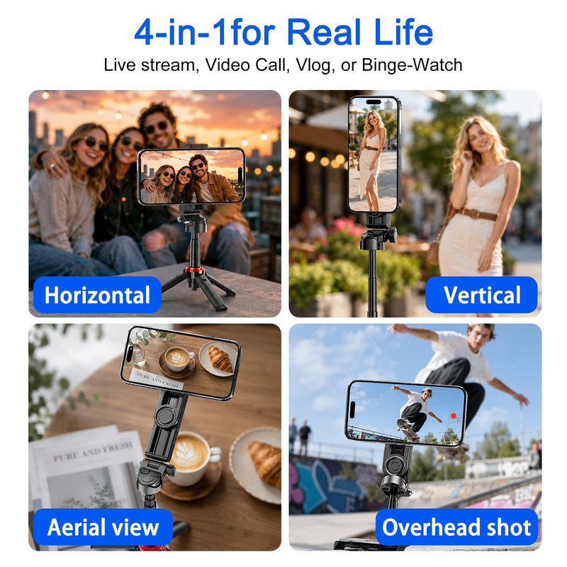 Mini Magnetic Quadrapod Selfie Stick for Phone with Carabiner & Remote | Extendable, Pocket-Sized & Lightweight. Bluetooth Remote with Zoom. Compatible with iPhone. Great for Travel, Vlog & Selfie.