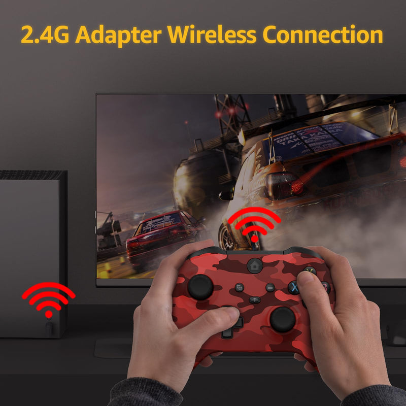 Kamylorus Wireless Controller for X-BOX One/PC, Camo Red | Hall Effect Gamepad, Turbo, 2.4G Plug and Play, Dual Vibration, 3.5mm Headphone Jack, for X-BOX One S/X, X-BOX Series S/X, PC Red Camo