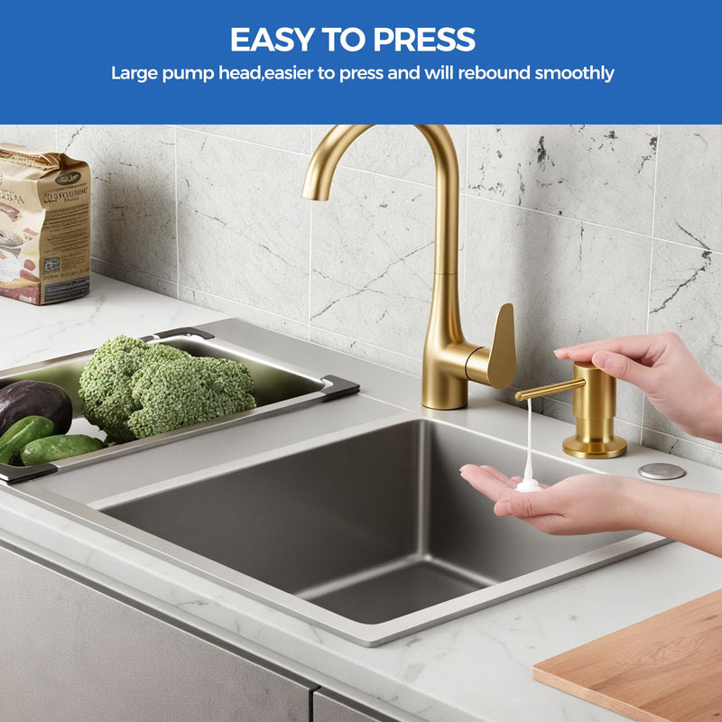 Brushed Gold Soap Dispenser for Kitchen Sink, Built in Soap Dispensers, Stainless Steel Sink Soap Dispenser or Lotion Dispenser Pump with 47" Extension Tube Kit, Upgraded Metal Check Valve Brushed Gold