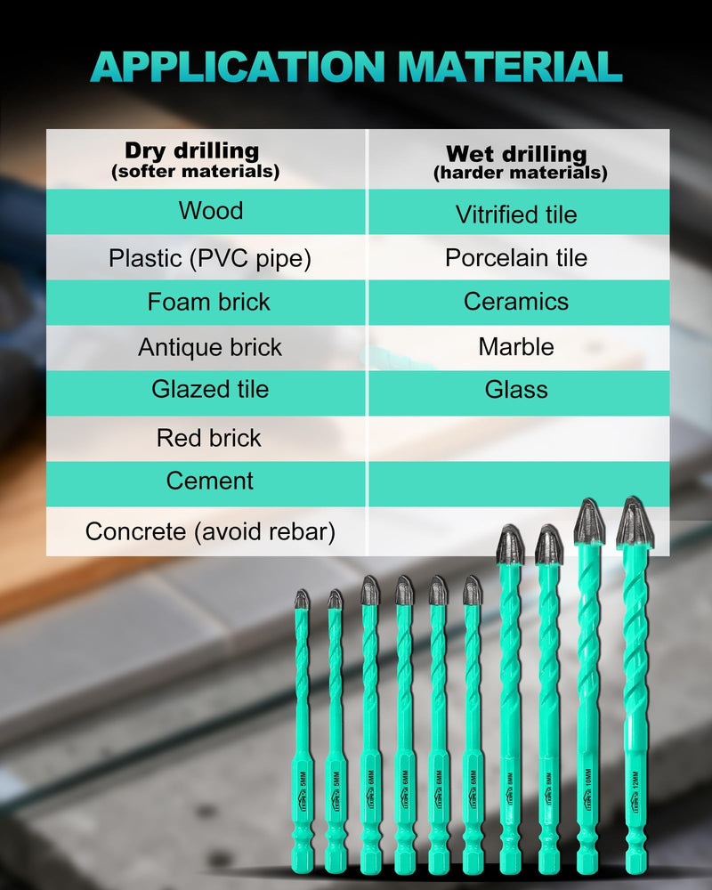 10PCS Carbide Masonry Drill Bit Set, 3/16"–1/2", 4-Cross 9-Edge Tip for No Walking & Precise Drilling, Hex Shank Multi-Material Bits for Tile, Ceramic, Brick, Concrete, Glass, Wood 3/16"*2+1/4"*4+5/16"*2+3/8"+1/2" 10