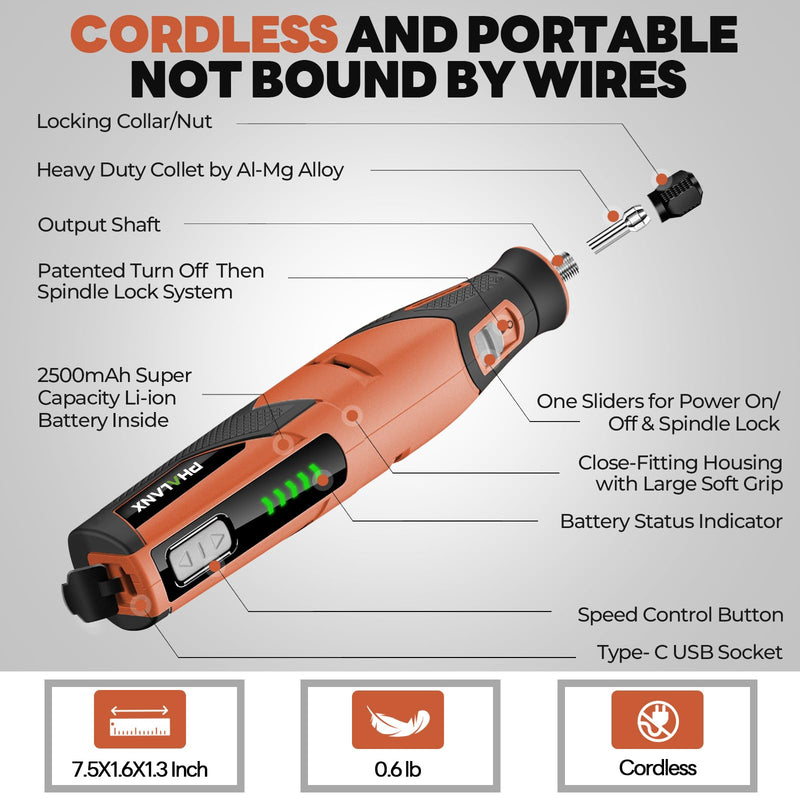 Rotary Tool - 4V Rotary Tool Cordless, Rotary Tool Accessories 64 PCS 2500mAh Battery, Preset 5 Speed Adjustment Grinder Tool for Cutting Sanding Carving Polishing Engraver DIY Crafts (Orange) Orange