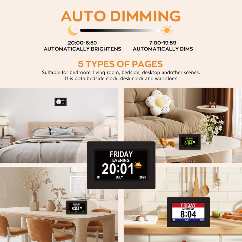 Digital Clock for Seniors with Day Date Time Large Display - 7 Inch Large Print Dementia Clock for Memory Loss and Visually Impaired, 12 Alarm Options, Non-Abbreviated, Black 7''