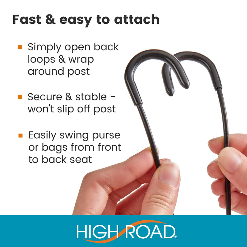 High Road Car Hooks for Purses and Bags with Leather Trim - Unbreakable Car Seat Hooks for Large Purse Straps and Heavy Bags up to 40 lbs - Secure Attachment Loops Fit All Headrest Posts, 2-Pack Black