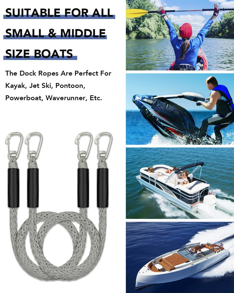 3 Feet Bungee Dock Lines with 2 Clips Heavy Duty 316 Stainless Steel Clips Boat Ropes Mooring Rope & Dock Ties for for Boats PWC or Jet Ski 2PCS (Grey, 3 Feet) Gray
