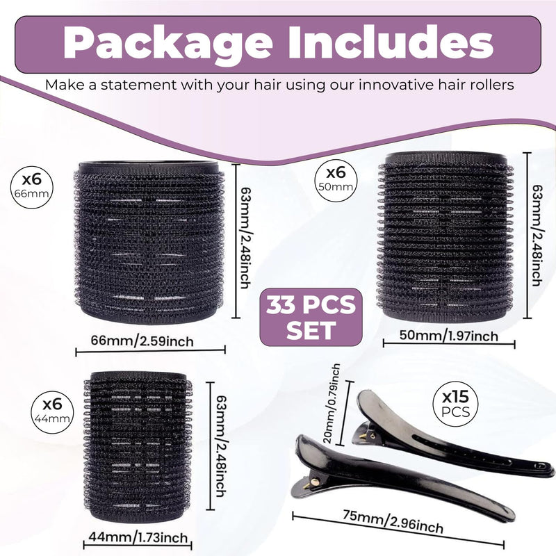  [AUSTRALIA] - MIRZIAN33 Pcs Jumbo Hair Rollers Set - 18 Heatless Self Grip Curlers, 15 Duckbill Clips, (6x 66mm,6x 50mm,6x 44mm) Black Curlers Long Hair,No Heat (Jumbo set), 33.0 count, Pack of 1