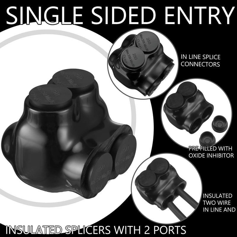 3 Pcs Black Insulated Multi Cable Connectors Vinyl Coated Wire Insulated Splicers with 2 Ports Single Sided Entry, Dual Rated for Copper Aluminum (250-6 Wire Range, 2.22"L x 2.3"W x 2"H) 250-6 Wire Range, 2.22"L x 2.3"W x 2"H