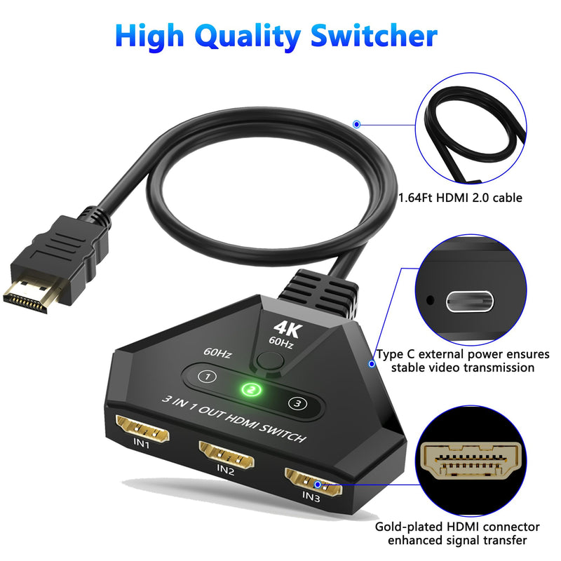 HDMI Switch 3 in 1 Out, 4K@60Hz HDMI Switcher with Gold Plated Ports, Plug & Play, Supports Full HD 1080P 3D Compatible with Roku TV Stick HDTV PS4/PS5 Xbox, Ideal for Home Theater, Gaming, Streaming
