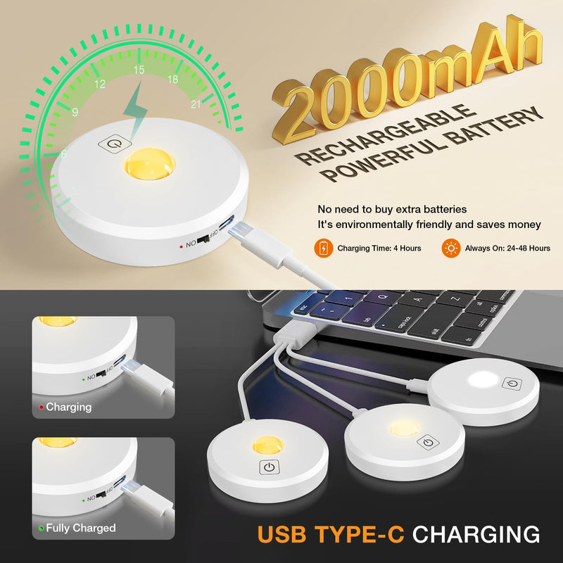 Puck Lights with Remote Control Rechargeable,Wireless Under Cabinet Lighting,2000mAh Battery Operated Tap Push Touch Light,Stick On Lights for Counter,Shelf,Bookcase (White, 5 Pcs) 5 PACK White