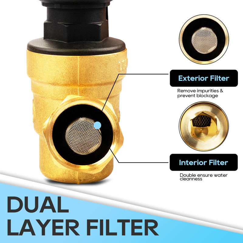 RVGUARD RV Water Pressure Regulator Valve With An Adjustable Knob, NO Tool Required, Brass Lead-Free Water Pressure Reducer with Gauge and Inlet Screen Filter for RV Camper Travel Trailer
