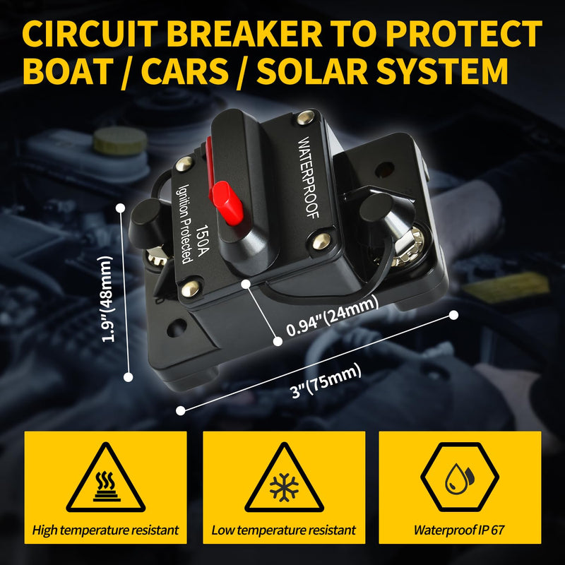 150Amp Circuit Breaker DC 12V-48V for Marine Boat Trolling Motor Automotive RV Trailer Car Solar System Battery Disconnect with Manual Reset Switch, IP67 Waterproof (Pack of 2) 2 Pieces 150A