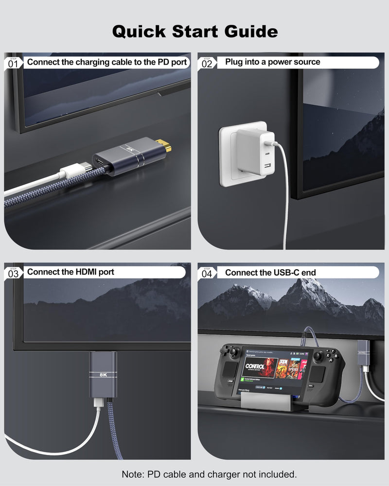 USB C to HDMI Cable with 240W PD Fast Charging, 8K@60HZ,4K@120Hz,Thunderbolt 5/4/3 Compatible,Upgraded Braided 2-in-1 Type C to HDMI for MacBook, iPhone17/16/15,iPad,HDTV(3.3FT,Grey) 3.3FT