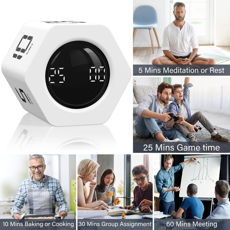 Rotating Pomodoro Timer 5, 25, 10 30,60 Mins Preset Stopwatch, Desk Flip ProductivityTimer, ADHD Tool Hexagon, Vibration/Mute/Alarm, for Work, Study, Back to School, Kitchen, White 1