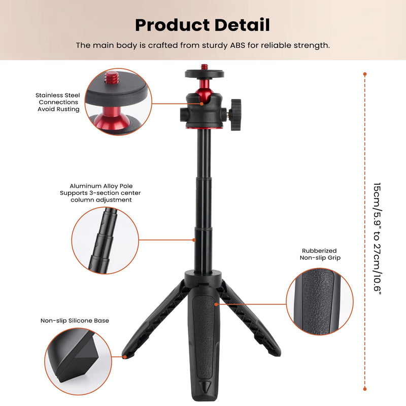 Walking Way 27cm/10.6" Extendable Tripod, Mini Portable Selfie Stick for GoPro 13/Max, DJI Osmo Pocket 3/4/Pro/Xtra Muse/2, Insta360 X5, Stable Stand Accessory for Action Camera, Vlog Handle Grip