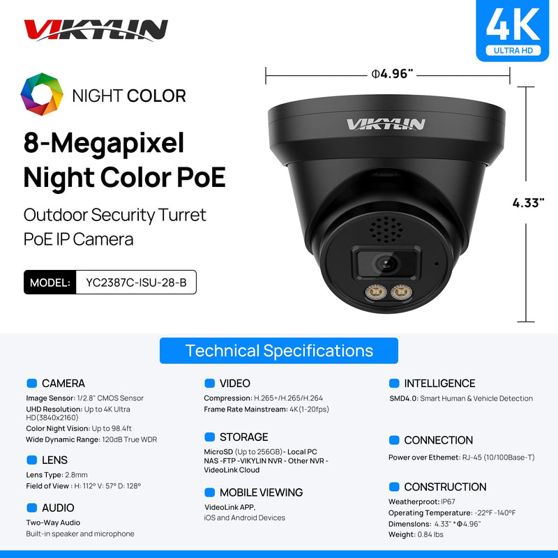 VIKYLIN 4K 8MP Full Color PoE IP Camera, Outdoor 4K PoE Turret Camera with AI Human/Vehicle Detection, 2 Way Talk,2.8mm Lens,F1.0 Aperture,98ft Color View Night Vision,IP67,Blue Iris,NDAA,2387C Black Color AI Camera / Black