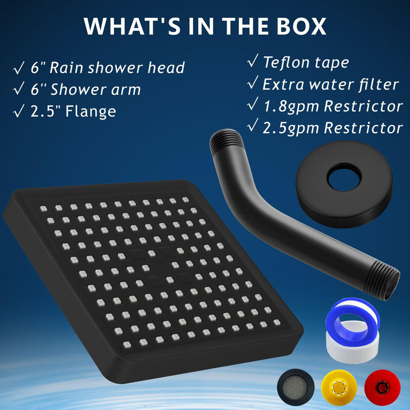 High Pressure Rain Shower Head with 6'' Shower Arm - High Flow Square Rainfall Showerhead - Luxury Modern Look - Pressure Boosting (Matte Black) Matte Black