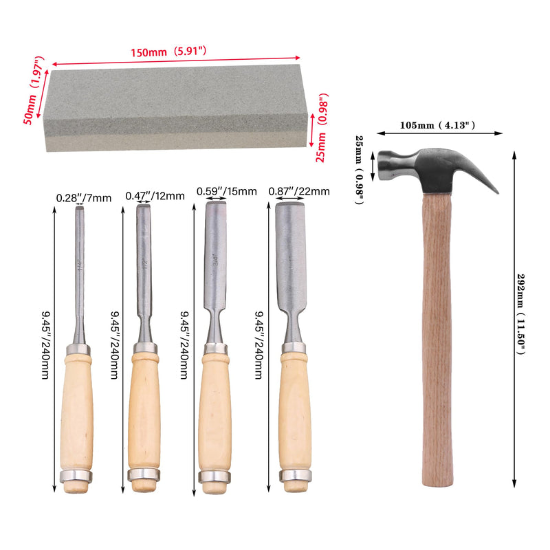 CNBTR 4PCS Wood Chisel Set 1/4" 1/2" 3/4" 1" Kit w/Hammer 8 oz Stone 120 240 Grit for Woodcarving