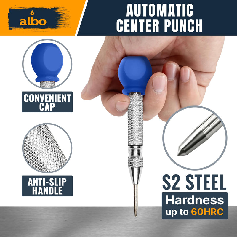 ALBO Automatic Center Punch Set – 3 Heavy Duty Spring Loaded Punch Tools for Metal, Wood, Steel – Precision Tips, Galvanized & Blackened Options, Storage Box – Ideal for DIY, Workshop & Professionals Set 5'' with cap, 5'', 6''