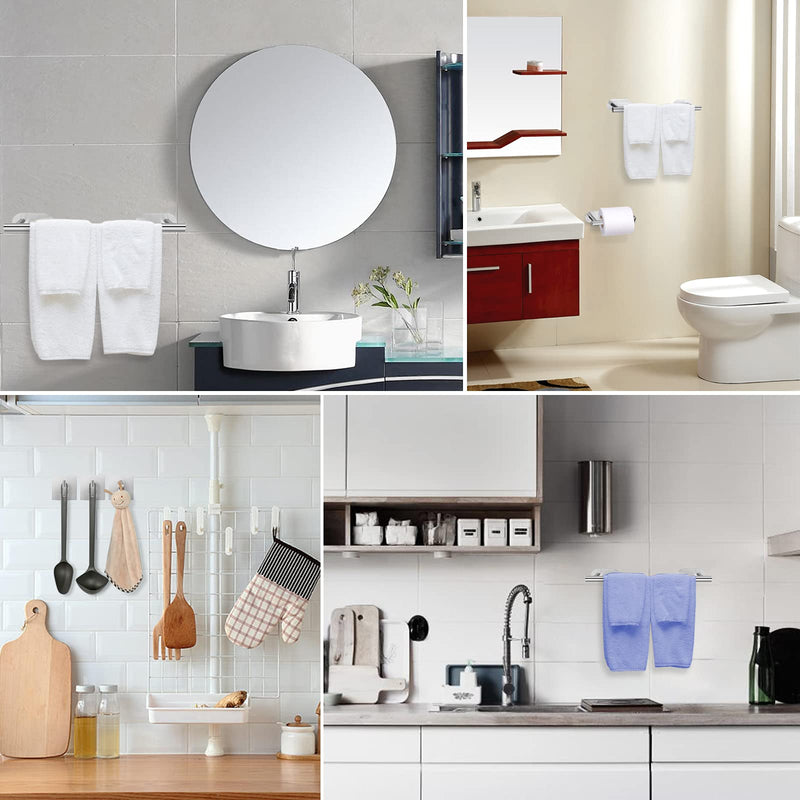 Self Adhesive Towel Bar, JiGiU Bathroom Hardware Set Include 16-Inch Bath Towel Bar,Toilet Paper Holder & 3 Packs Towel Hooks SUS304 Stainless Steel Wall Mount No Drill Sticky on Towel Holder Kit Silver