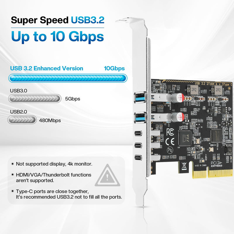 PCIe to USB C/A 3.2/3.1 Gen 2 Expansion Card, USB-C PCIe Card for PC Internal Hub, PCI-E Add-On Adapter Host Controller, 5 Ports (3X Type C - 2X Type A) 10+10Gbps PCIe-USB-CA