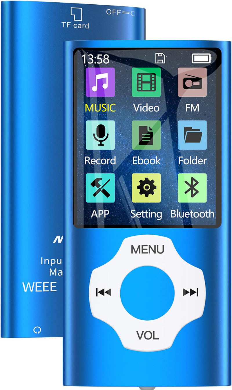 MYMAHDI 64GB MP3 Player with Bluetooth 5.2, LCD Screen Music Player Up to 128GB,MP3 Player for kids with Music,Video,Voice Record,FM Radio,E-Book Reader,Photo Viewer,Blue Blue