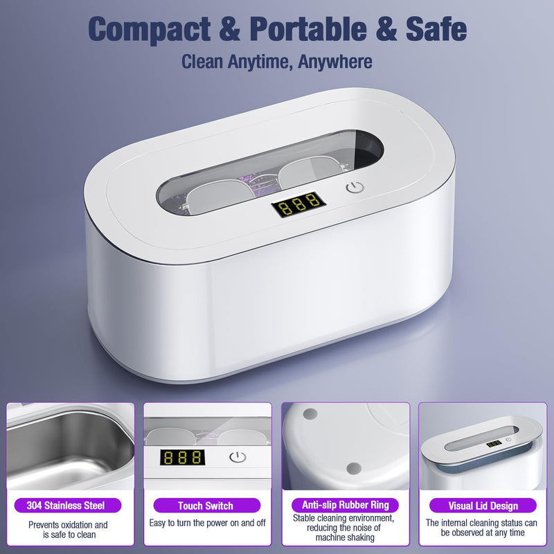 Ultrasonic Jewelry Cleaner, 48KHz Professional Ultrasonic Cleaner for Eyeglasses, Rings, Retainers, Dentures, 30W Jewelry Cleaner Ultrasonic Machine with Dual Cleaning Modes, White Pure White