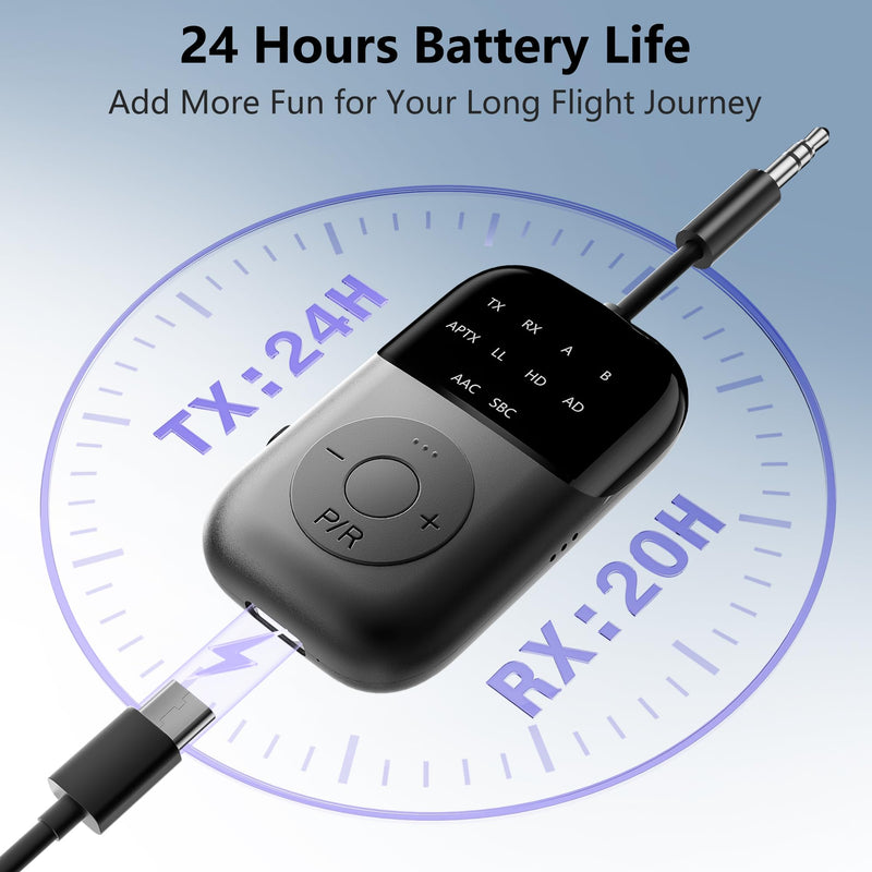 Bluetooth 5.4 Transmitter Receiver,2-in-1 Airplane Bluetooth Adapter | Dual Headphones & 24H Battery Life for TV, Airplane, Car, Tablets, Wireless TV Headpset, Compatible with AirPods & aptX black