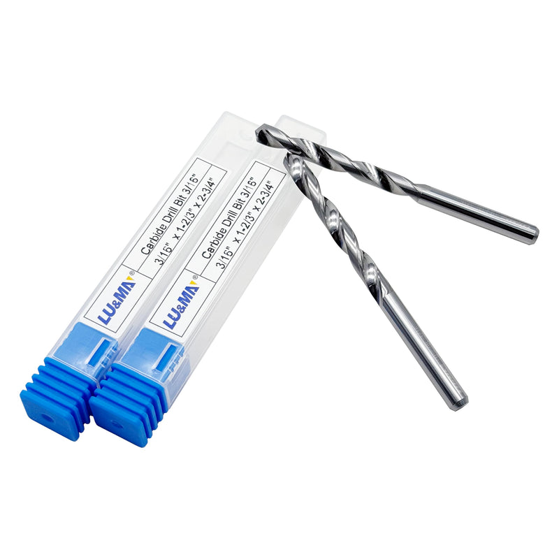 LU&MN Solid Carbide Jobber Drill Bit with Bright Finish-118° Split Point for Industrial Use on Cast Iron, Stainless Steel, Aluminum, etc.-3/16" Dia, 2 Pcs 3/16 in