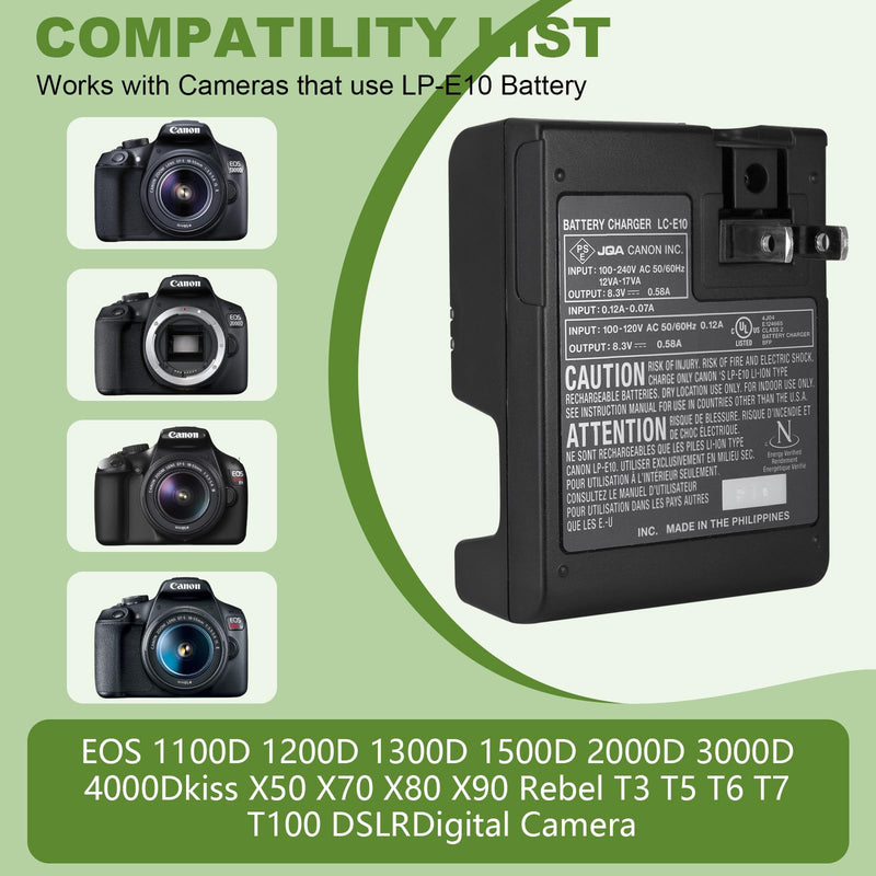LC-E10 LC-E10C Quick Wall Battery Charger for LP-E10 LC-E10E Battery Compatible with Canon EOS Rebel T7 T6 T5 T3 T100 4000D 3000D 2000D 1300D 1200D 1100D 4000D Cameras (NOT for T3i T5i T6i T6s T7i)