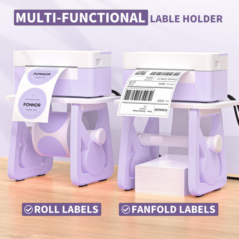 PONNOR Label Holder for Rolls and Fanfold Labels, Thermal Sticker for Desktop Printer, Fragile Stickers for Shipping, Label Stand Accessory Supplies for Home, DIY, Office, Small Business(Purple)