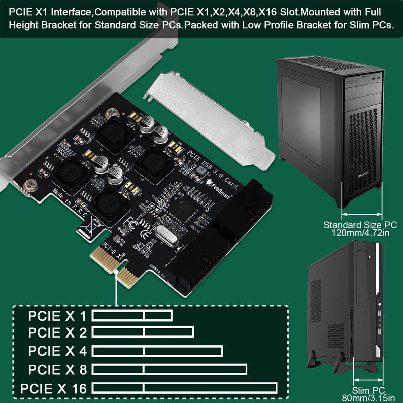 2X 19Pin USB 3.0 Header Ports PCIE USB 3.0 5Gbps Expansion Card for Windows and Linux Desktop PCs, Built in FebSmart Self-Powered Technology, No Need Additional Power Supply (FS-H2-Pro) FS-H2-Pro