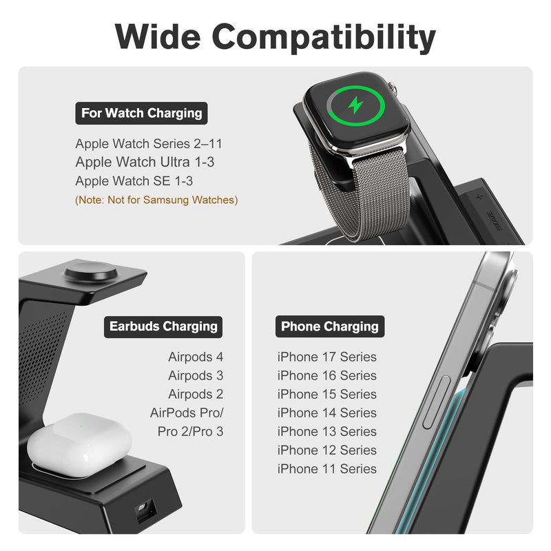 ANJANK 4 in 1 Wireless Charging Station Alarm Clock, Charging Dock for Apple Devices, Charger Stand for iPhone 17 Air 16 15 14 13 12 Series for Apple Watch 11 10 9 8 7 6 5 UItra/SE & AirPods, Dimmable Black