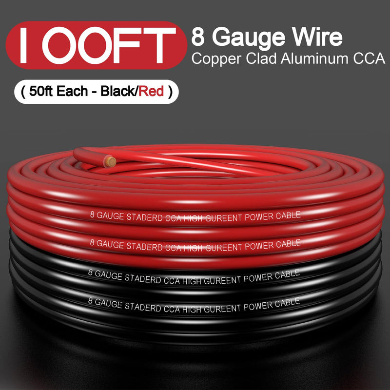 8 Gauge Wire (50ft Each- Black/Red) Copper Clad Aluminum CCA,60A AGU Fuse Holder,20pcs Lugs Terminal Connectors and 2:1 Heat Shrink Tube for Power/Auto,Amplifier,Ground Cable 100FT+60A fuse holder