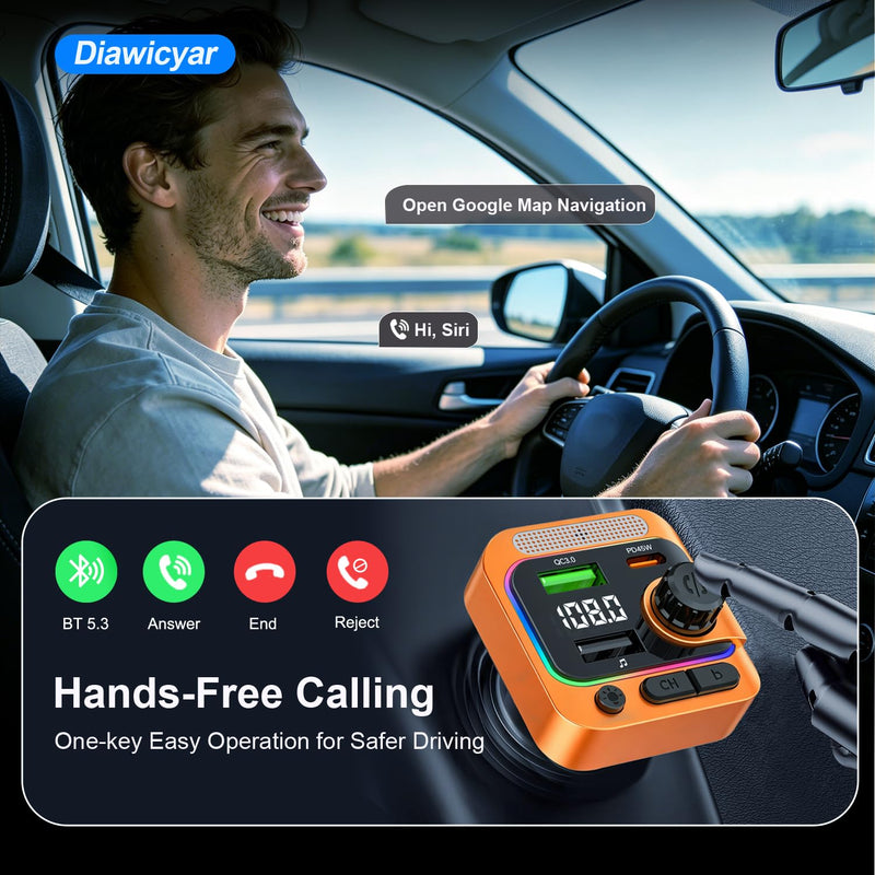 63W FM Transmitter Bluetooth Car Adapter, Wireless FM Bluetooth Transmitter | [PD 45W & QC3.0] Fast Charge, Deep Bass Player, Hands-Free Calling, Orange