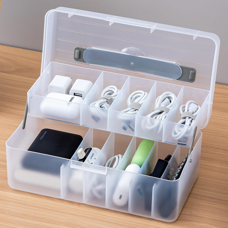 Vidifor 2-Layer Cable Organizer Box with 20 Cable Ties, Portable Cord, Charger and Bandages Storage for Drawer, Desk, Office & Home (White) White
