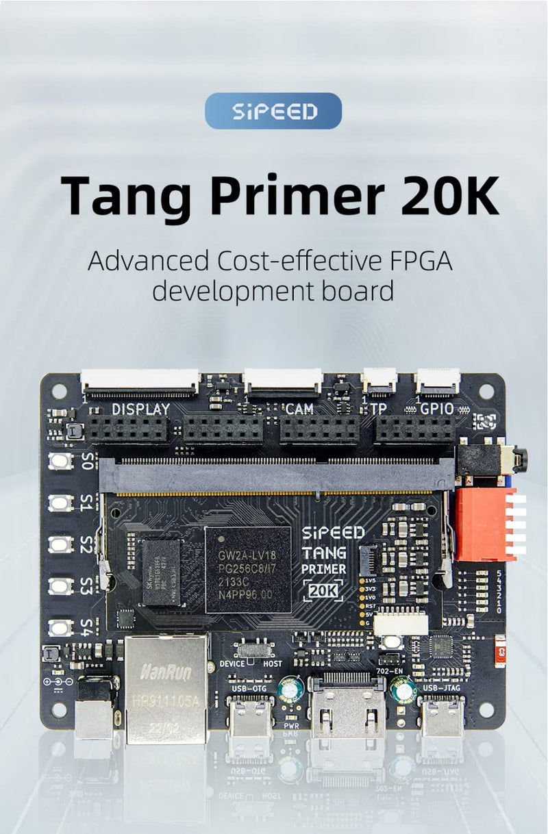 Sipeed Tang Primer 20K Gowin GW2A FPGA GoAI Development Board Kit Minimum System with DSP LvDs Interface and BSRAM Resources onboard 1GB DDR3 and PMIC Running RISC-V Code