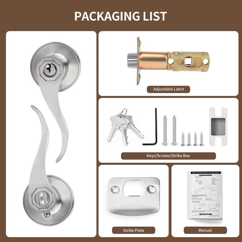 Moquin Wave Design Keyed Entry Door Lever with Lock, Reversible Door Handle for Right/Left Side Front/Entrance Door Lock in Satin Nickel Finish Keyed Entry-Lock & Key
