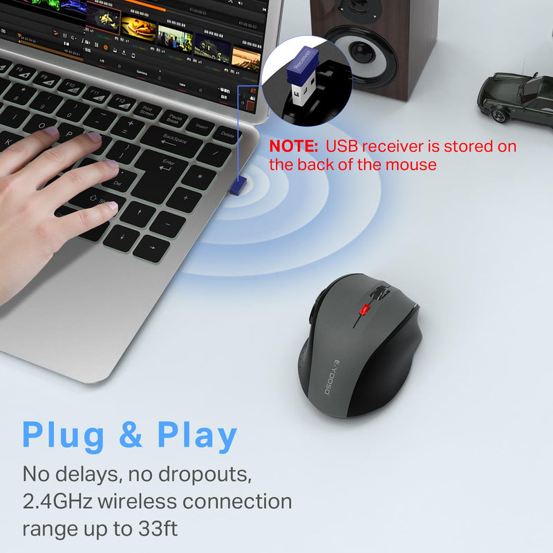 E-YOOSO Wireless Mouse for Laptop, Silent Portable Computer Mouse with 6 Buttons, 4800 DPI, 18 Months Battery Life, 2.4GHz Quiet Optical USB Mouse for PC Chromebook Windows Mac Gray & Black