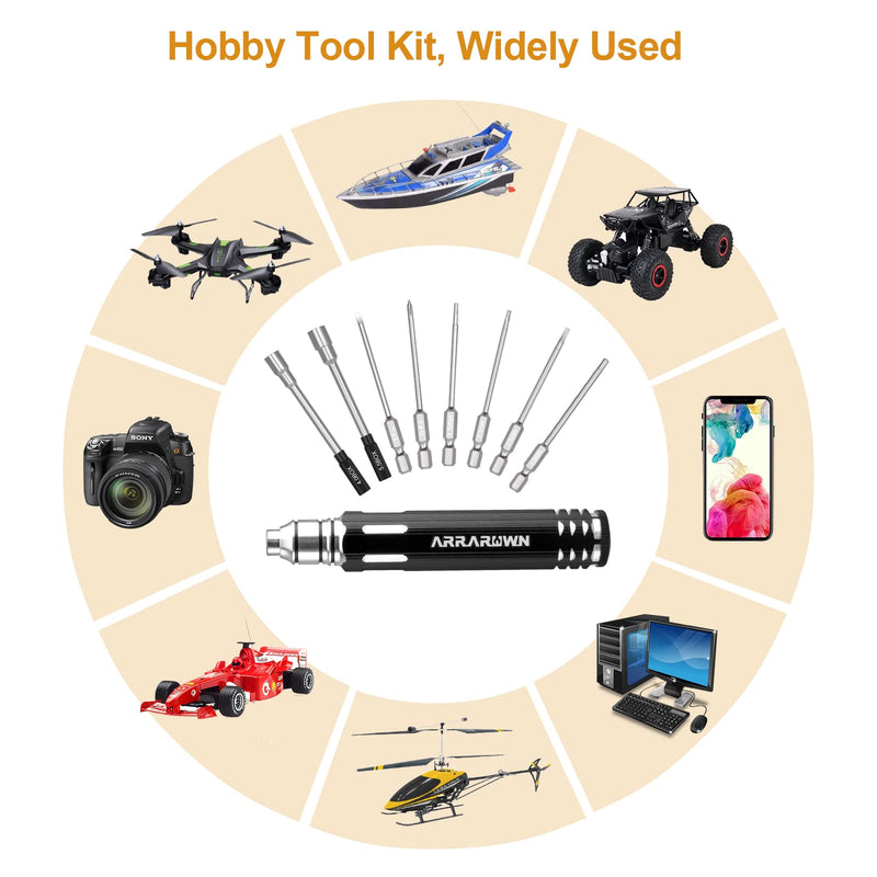 10 in 1 RC Model Repair Tools Kit with 1.5/2.0/2.5/3.0/4.0/5.5mm Hex Screwdrivers Wrench Phillips & Slotted Screwdriver, Metal Tray for RC Cars Helicopter Drone Boat Black With Red Tray