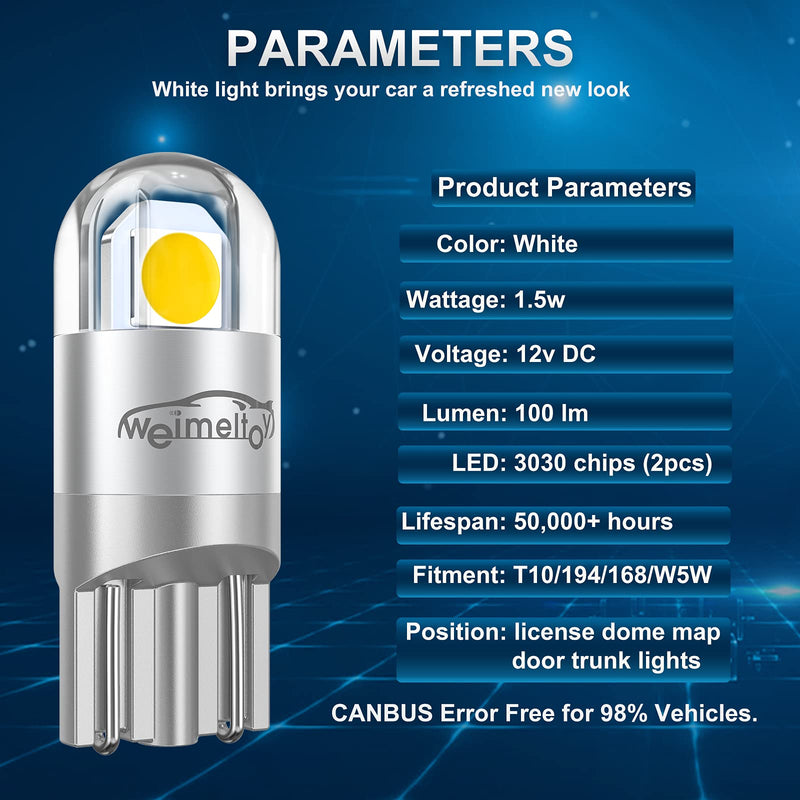 194 Led Car Bulb 3030 Chipset 2SMD T10 194 168 W5W Led Wedge Light Bulb 1.5W 12V License Plate Courtesy Step Map Lights Trunk Lamp Clearance Lights (12pcs) White