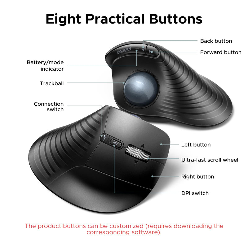 UGREEN M785DR Wireless Trackball Mouse, Bluetooth & 2.4G, Thumb Control | Rechargeable, Precise and smooth tracking, 3 Devices Use, 4D Scroll Wheel, 5 DPI Levels, Compatible with PC Mac Windows